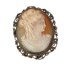 Antique European Cameo Brooch With Ornate Filigree Frame & 835 Silver Mark